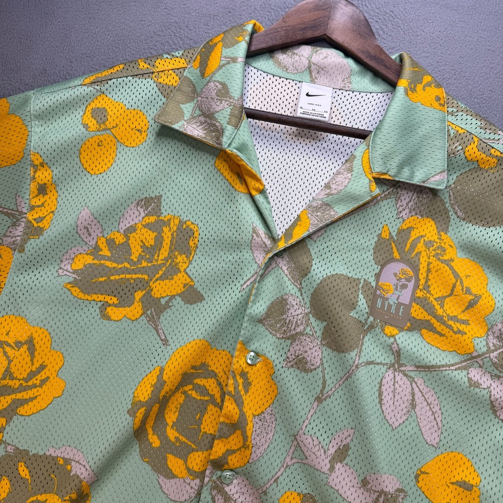 Nike Dri-Fit Floral Mesh Button Up Shirt Mens XL Green Rose Jersey Camp Collar